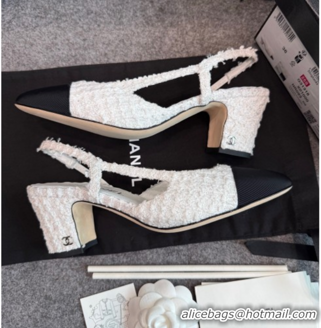 Luxury Cheap Chanel Tweed & Grosgrain Slingback Pumps G31318 6.5cm White/Black