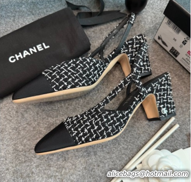 Luxury Chanel Tweed & Grosgrain Slingback Pumps G31318 6.5cm Black/White