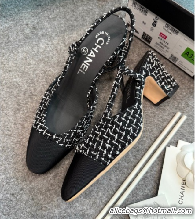 Luxury Chanel Tweed & Grosgrain Slingback Pumps G31318 6.5cm Black/White