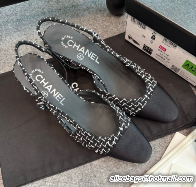 Luxury Chanel Tweed & Grosgrain Slingback Pumps G31318 6.5cm Black/White