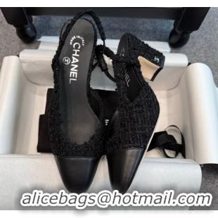 Shop Duplicate Chanel Tweed & Leather Slingback Pumps G31318 6.5cm Black/Silver
