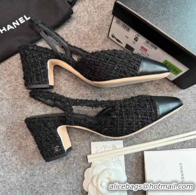Shop Duplicate Chanel Tweed & Leather Slingback Pumps G31318 6.5cm Black/Silver