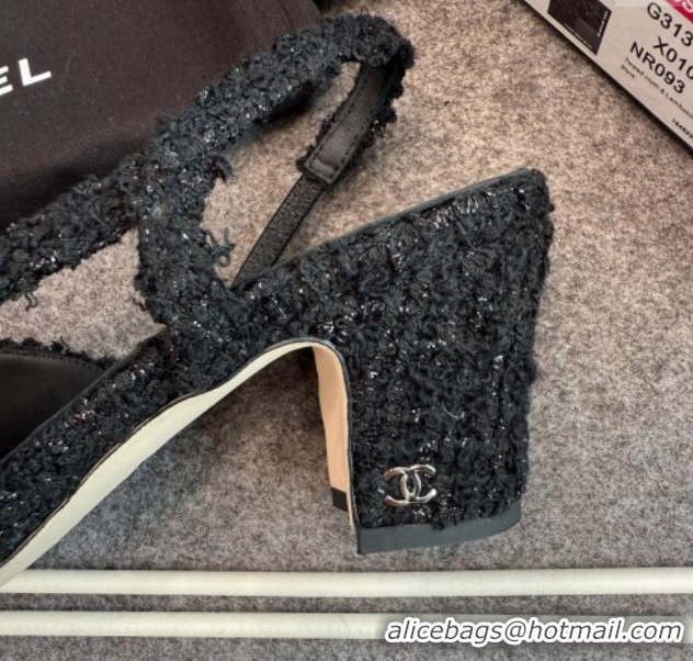 Shop Duplicate Chanel Tweed & Leather Slingback Pumps G31318 6.5cm Black/Silver