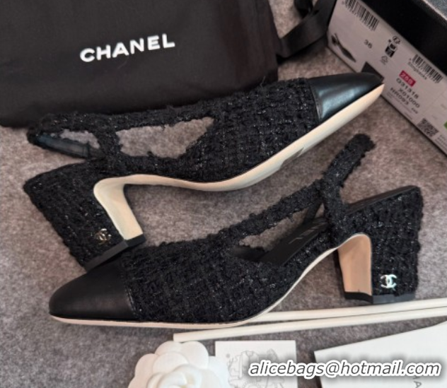 Shop Duplicate Chanel Tweed & Leather Slingback Pumps G31318 6.5cm Black/Silver