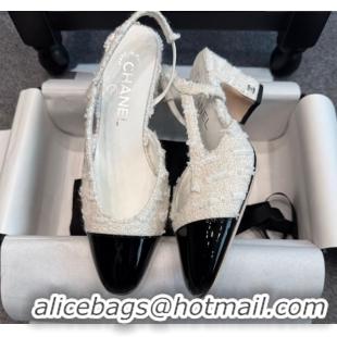 Low Cost Chanel Tweed & Patent Leather Slingback Pumps G31318 6.5cm White/Black