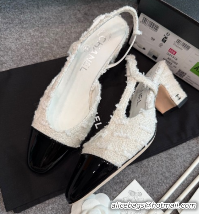 Low Cost Chanel Tweed & Patent Leather Slingback Pumps G31318 6.5cm White/Black
