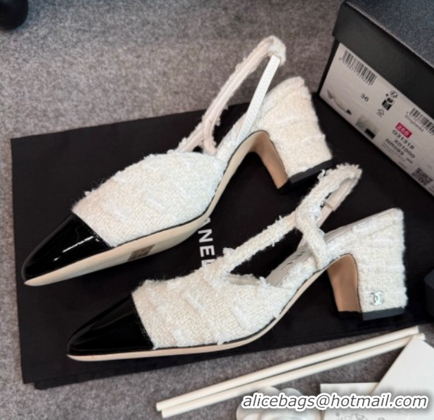 Low Cost Chanel Tweed & Patent Leather Slingback Pumps G31318 6.5cm White/Black