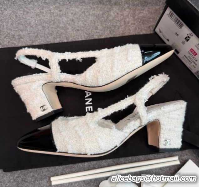 Low Cost Chanel Tweed & Patent Leather Slingback Pumps G31318 6.5cm White/Black