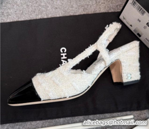 Low Cost Chanel Tweed & Patent Leather Slingback Pumps G31318 6.5cm White/Black