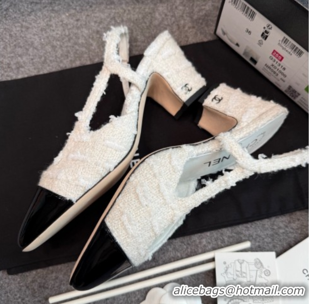 Low Cost Chanel Tweed & Patent Leather Slingback Pumps G31318 6.5cm White/Black