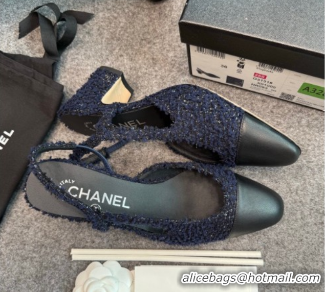 Most Popular Chanel Tweed & Leather Slingback Pumps G31318 6.5cm Navy Blue