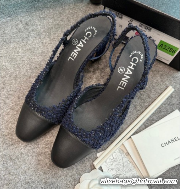 Most Popular Chanel Tweed & Leather Slingback Pumps G31318 6.5cm Navy Blue