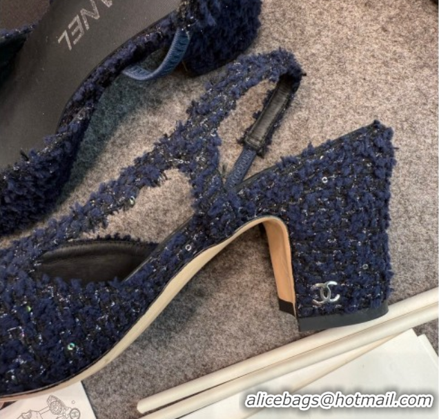 Most Popular Chanel Tweed & Leather Slingback Pumps G31318 6.5cm Navy Blue