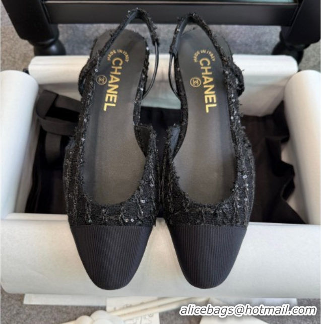Big Discount Chanel Tweed & Grosgrain Slingback Flats G31319 Black/Sequins
