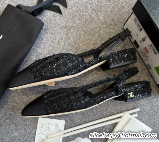 Big Discount Chanel Tweed & Grosgrain Slingback Flats G31319 Black/Sequins