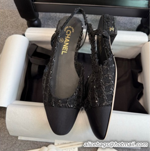 Big Discount Chanel Tweed & Grosgrain Slingback Flats G31319 Black/Sequins