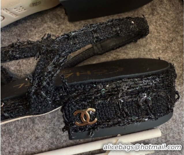 Big Discount Chanel Tweed & Grosgrain Slingback Flats G31319 Black/Sequins