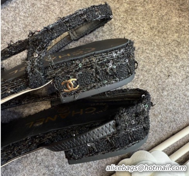 Big Discount Chanel Tweed & Grosgrain Slingback Flats G31319 Black/Sequins