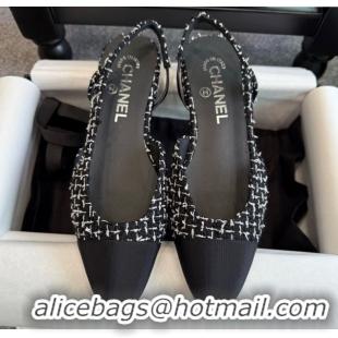 Perfect Chanel Tweed & Grosgrain Slingback Flats G31319 Black/White