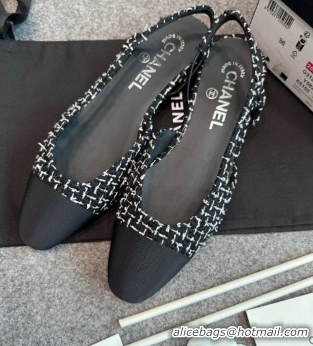 Perfect Chanel Tweed & Grosgrain Slingback Flats G31319 Black/White