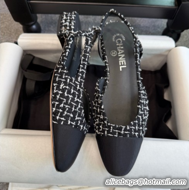 Perfect Chanel Tweed & Grosgrain Slingback Flats G31319 Black/White