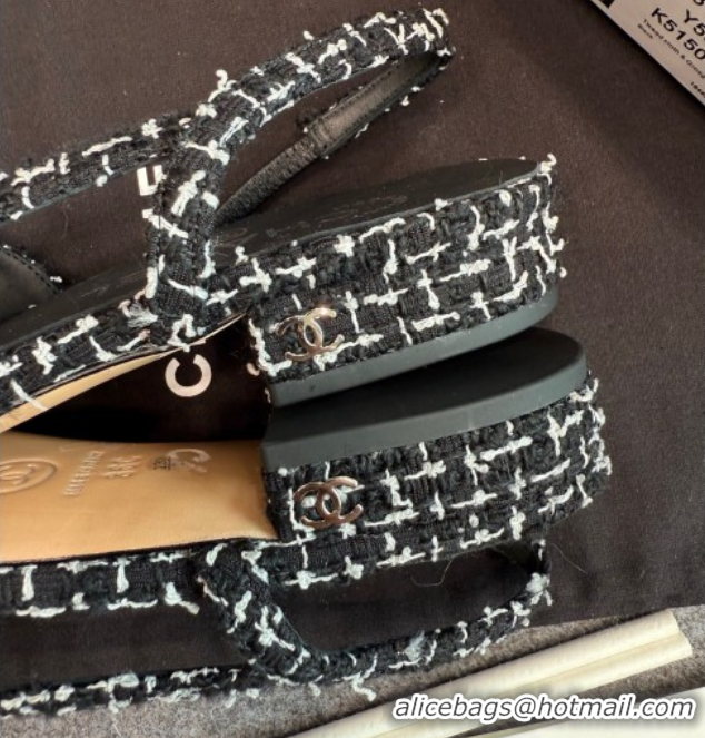 Perfect Chanel Tweed & Grosgrain Slingback Flats G31319 Black/White