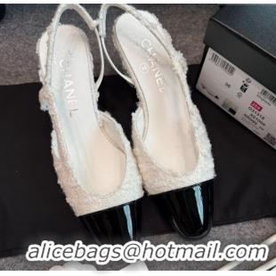 Good Quality Chanel Tweed & Patent Leather Slingback Flats G31319 White/Black