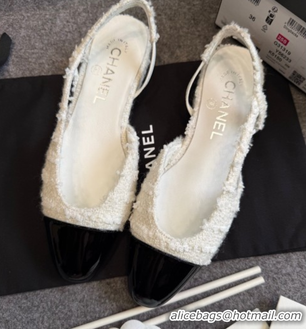 Good Quality Chanel Tweed & Patent Leather Slingback Flats G31319 White/Black