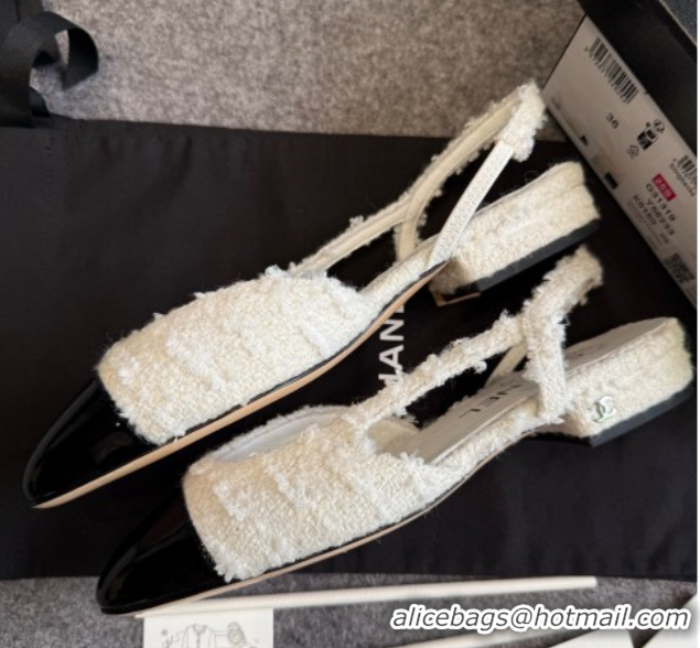 Good Quality Chanel Tweed & Patent Leather Slingback Flats G31319 White/Black