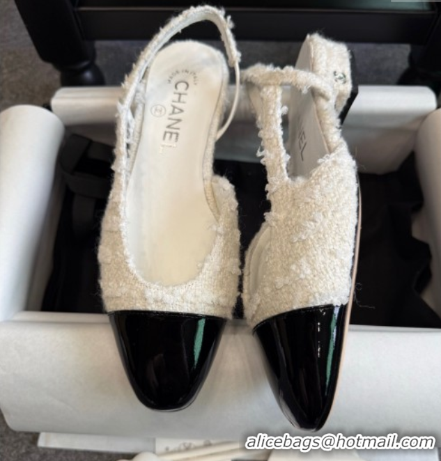 Good Quality Chanel Tweed & Patent Leather Slingback Flats G31319 White/Black