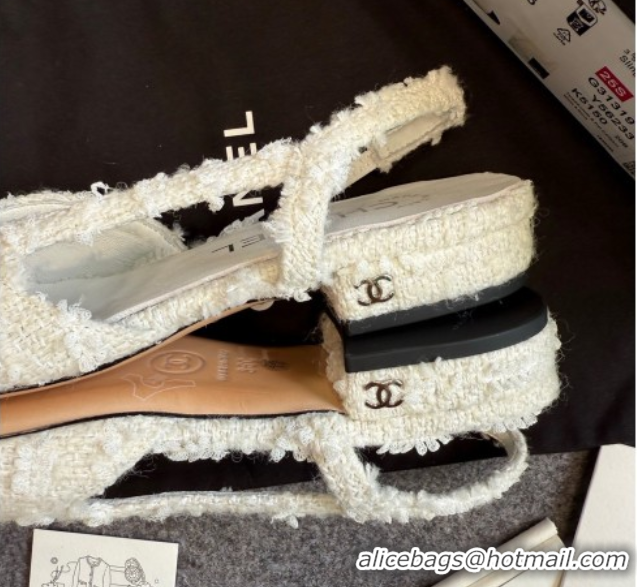 Good Quality Chanel Tweed & Patent Leather Slingback Flats G31319 White/Black