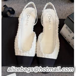 Buy New Cheap Chanel Tweed & Grosgrain Slingback Flats G31319 White/Black