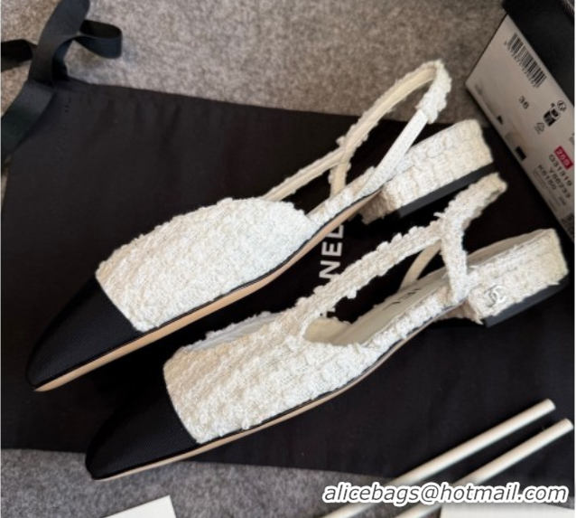 Buy New Cheap Chanel Tweed & Grosgrain Slingback Flats G31319 White/Black