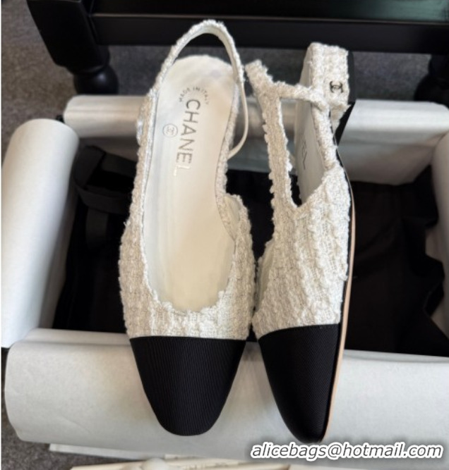 Buy New Cheap Chanel Tweed & Grosgrain Slingback Flats G31319 White/Black