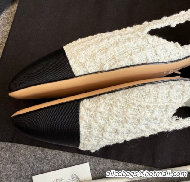 Buy New Cheap Chanel Tweed & Grosgrain Slingback Flats G31319 White/Black