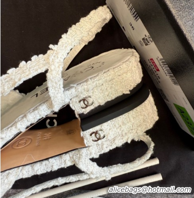 Buy New Cheap Chanel Tweed & Grosgrain Slingback Flats G31319 White/Black