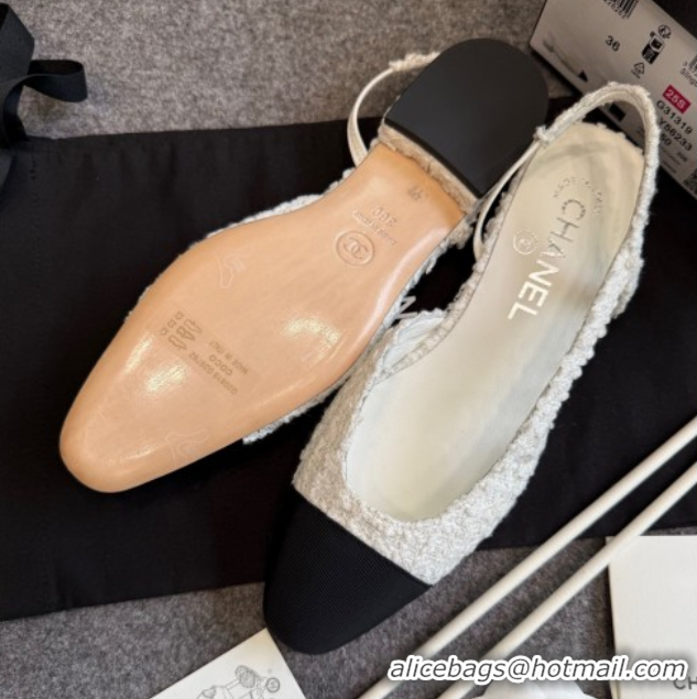 Buy New Cheap Chanel Tweed & Grosgrain Slingback Flats G31319 White/Black