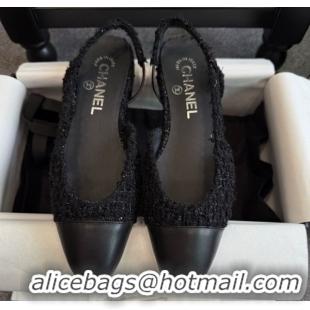 Buy Ladies Chanel Tweed & Leather Slingback Flats G31319 Black/Silver