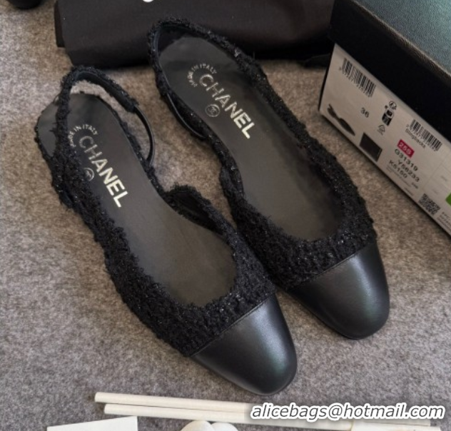 Buy Ladies Chanel Tweed & Leather Slingback Flats G31319 Black/Silver