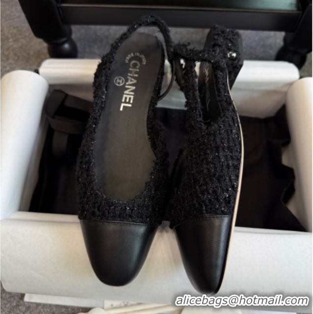 Buy Ladies Chanel Tweed & Leather Slingback Flats G31319 Black/Silver