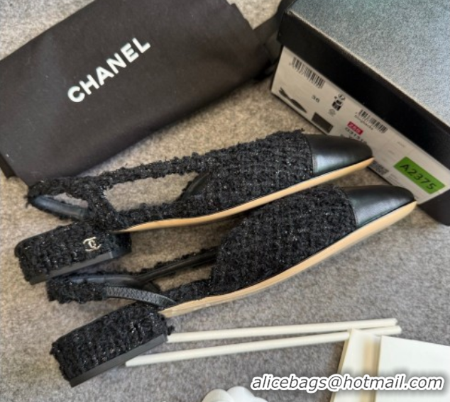 Buy Ladies Chanel Tweed & Leather Slingback Flats G31319 Black/Silver