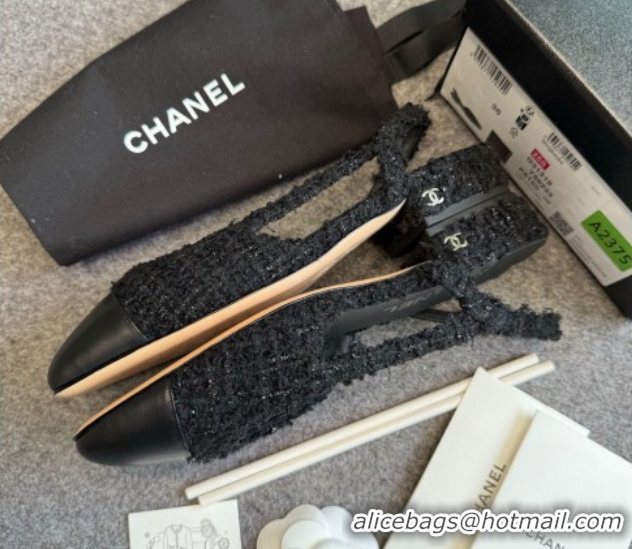 Buy Ladies Chanel Tweed & Leather Slingback Flats G31319 Black/Silver
