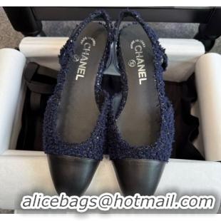 Shop Cheap Chanel Tweed & Leather Slingback Flats G31319 Navy Blue