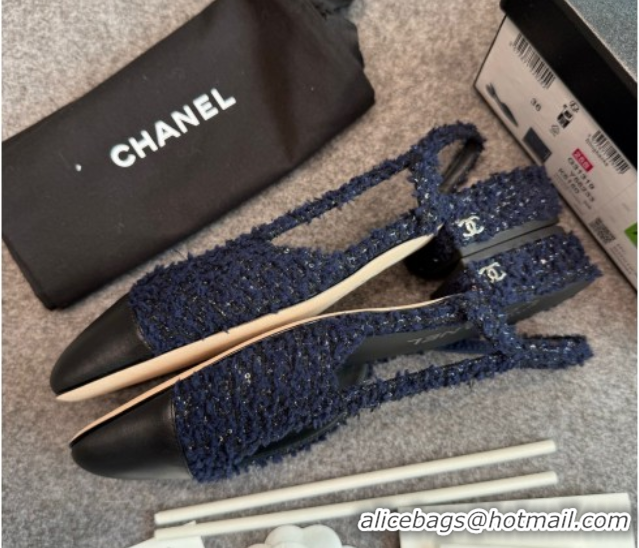 Shop Cheap Chanel Tweed & Leather Slingback Flats G31319 Navy Blue