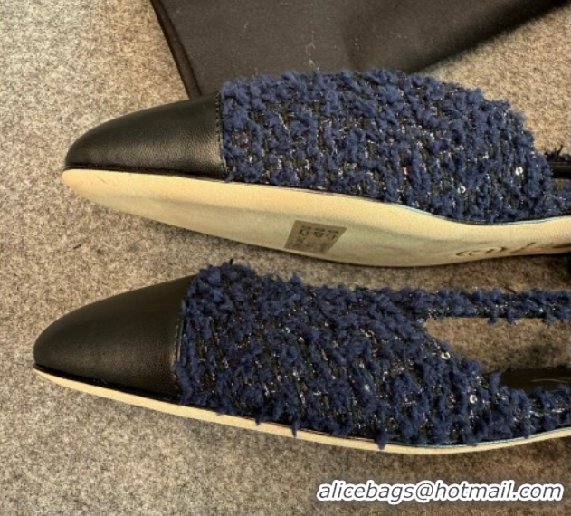 Shop Cheap Chanel Tweed & Leather Slingback Flats G31319 Navy Blue