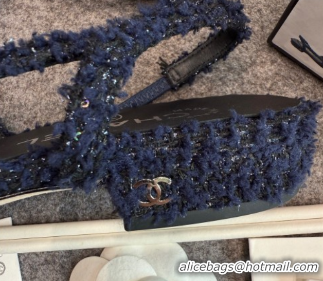 Shop Cheap Chanel Tweed & Leather Slingback Flats G31319 Navy Blue