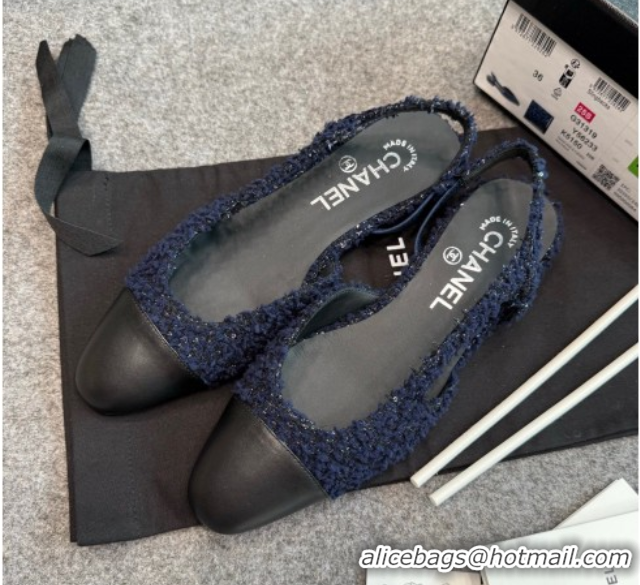 Shop Cheap Chanel Tweed & Leather Slingback Flats G31319 Navy Blue