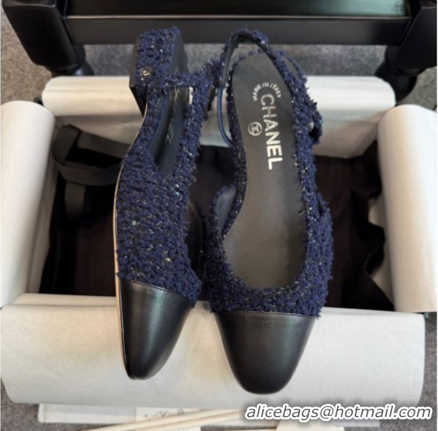 Shop Cheap Chanel Tweed & Leather Slingback Flats G31319 Navy Blue