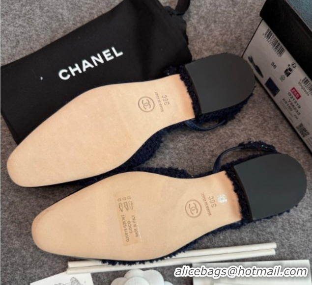 Shop Cheap Chanel Tweed & Leather Slingback Flats G31319 Navy Blue