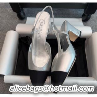 Buy Luxury Chanel Metallic Leather & Grosgrain Slingback Pumps G31318 6.5cm Silver/Black